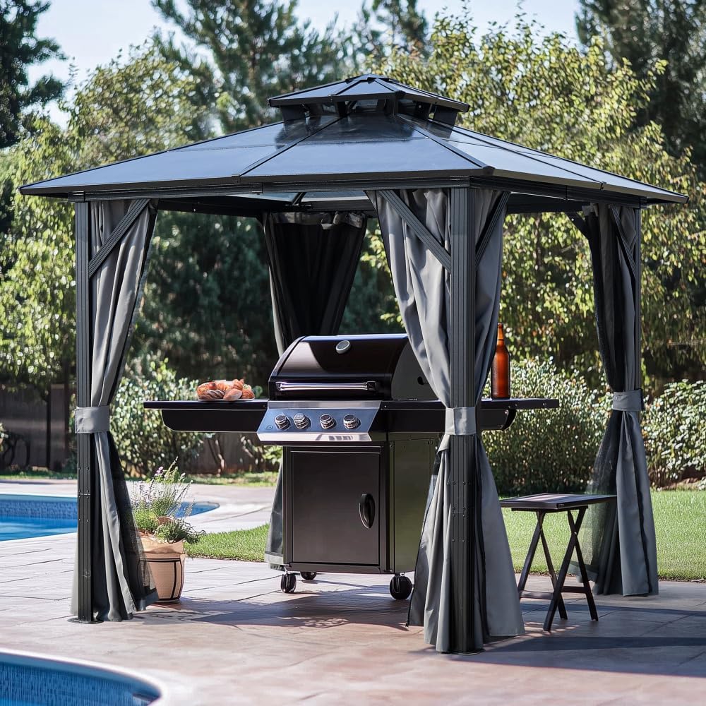 Outdoor Grill Gazebo 8x8FT, Hardtop BBQ Shelter with UV-Resistant Polycarbonate Roof & Storage Hooks for Patio, Lawn, and Garden