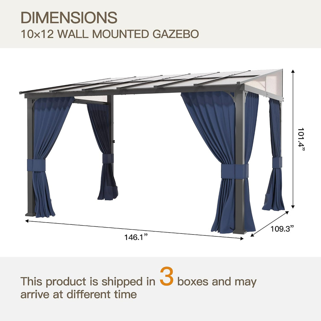 10' x 12' Gazebo,Wall Mounted Gazebo with Roof,Aluminum Frame Outdoor pelgole w/Netting & Curtain,Navyblue