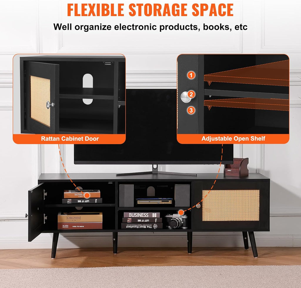 VEVOR Rattan TV Stand for 65 inch TV, Boho TV Stand with Rattan Door, Entertainment Center with Build-in Socket and USB Ports, Modern TV Console for Living Room, Media Room, Black