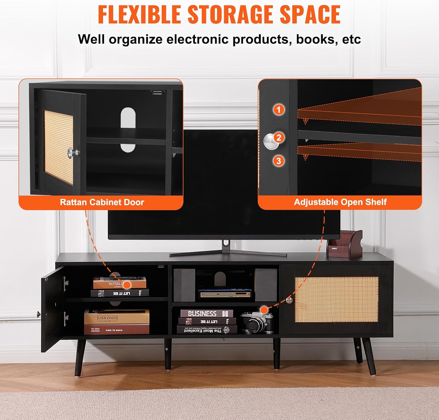 VEVOR Rattan TV Stand for 65 inch TV, Boho TV Stand with Rattan Door, Entertainment Center with Build-in Socket and USB Ports, Modern TV Console for Living Room, Media Room, Black