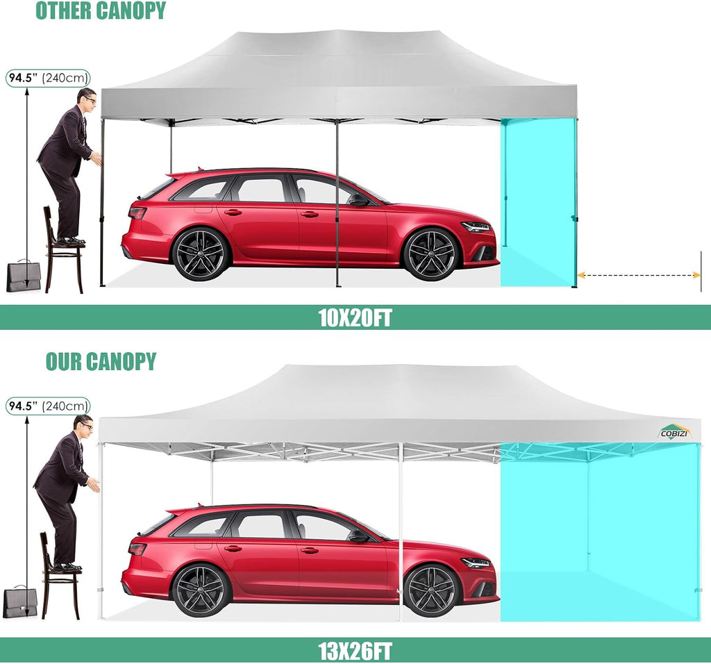 COBIZI 13x26 Pop Up Canopy with 6 Removable Sidewalls Heavy Duty Canopy Party Tents for Parties, Outdoor Wedding Large Event Tent Wind Waterproof UPF 50+ Easy Up in Garden Lawn with Roller Bag, White
