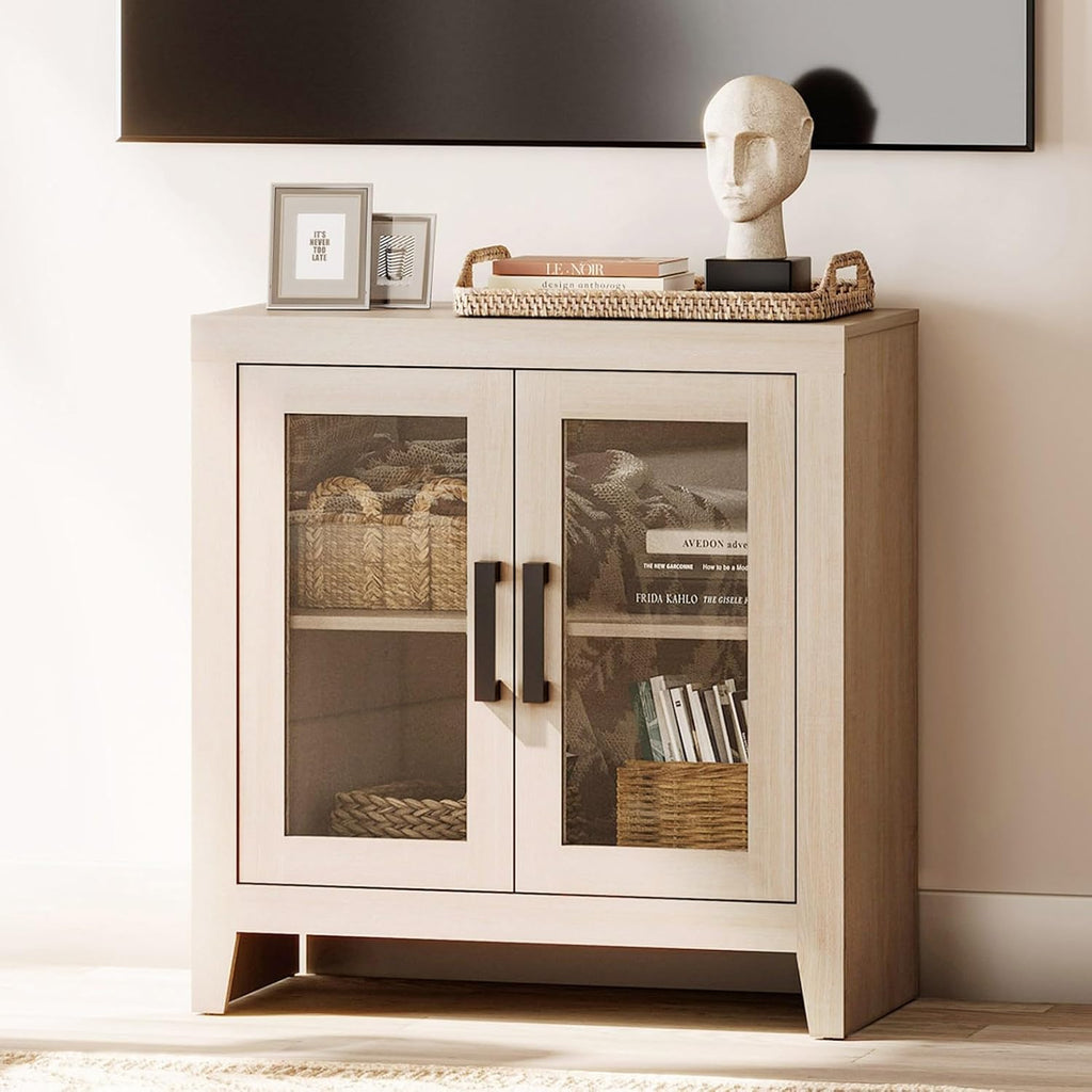 WAMPAT Farmhouse TV Stand for TVs up to 50', Rustic Wood Entertainment Center with Adjustable Shelf, Glass Doors & Storage, Media Console Cabinet for Living-Room, Bedroom, Beige