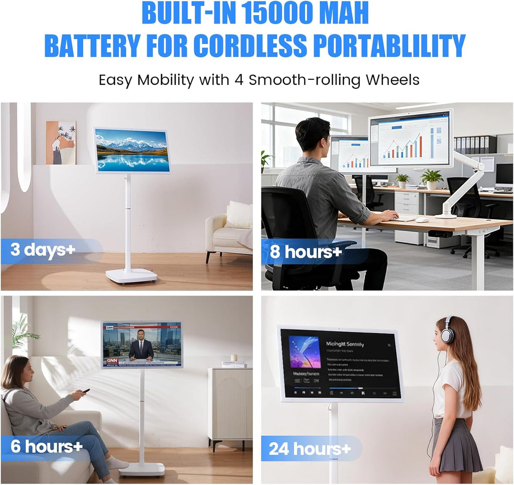 32 Inch Smart Portable TV on Wheels,FHD Touch-Screen-Monitor,Wireless RollableTV, 8G RAM,128G Storage,Built-in 6-8H Battery,Android 14,Full Swivel Rotation,Remote Control (White)