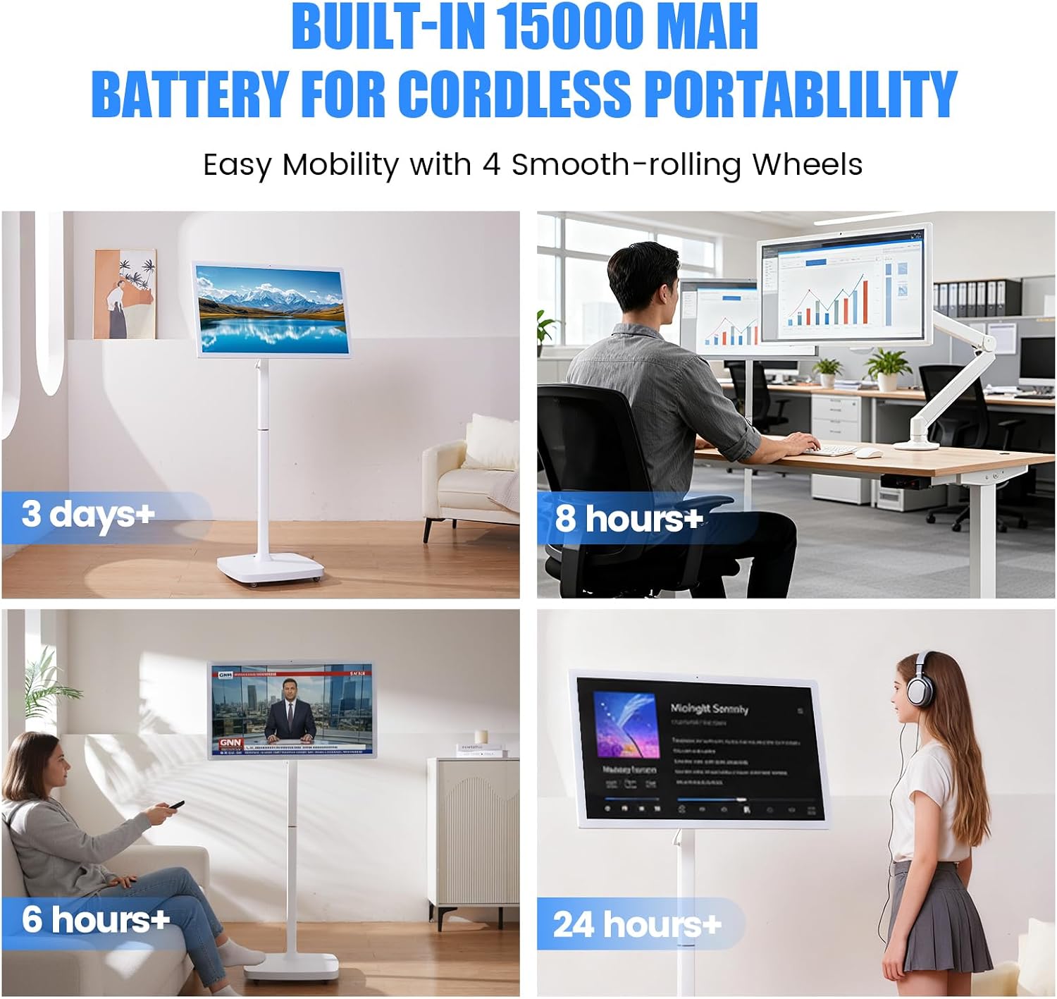32 Inch Smart Portable TV on Wheels,FHD Touch-Screen-Monitor,Wireless RollableTV, 8G RAM,128G Storage,Built-in 6-8H Battery,Android 14,Full Swivel Rotation,Remote Control (White)