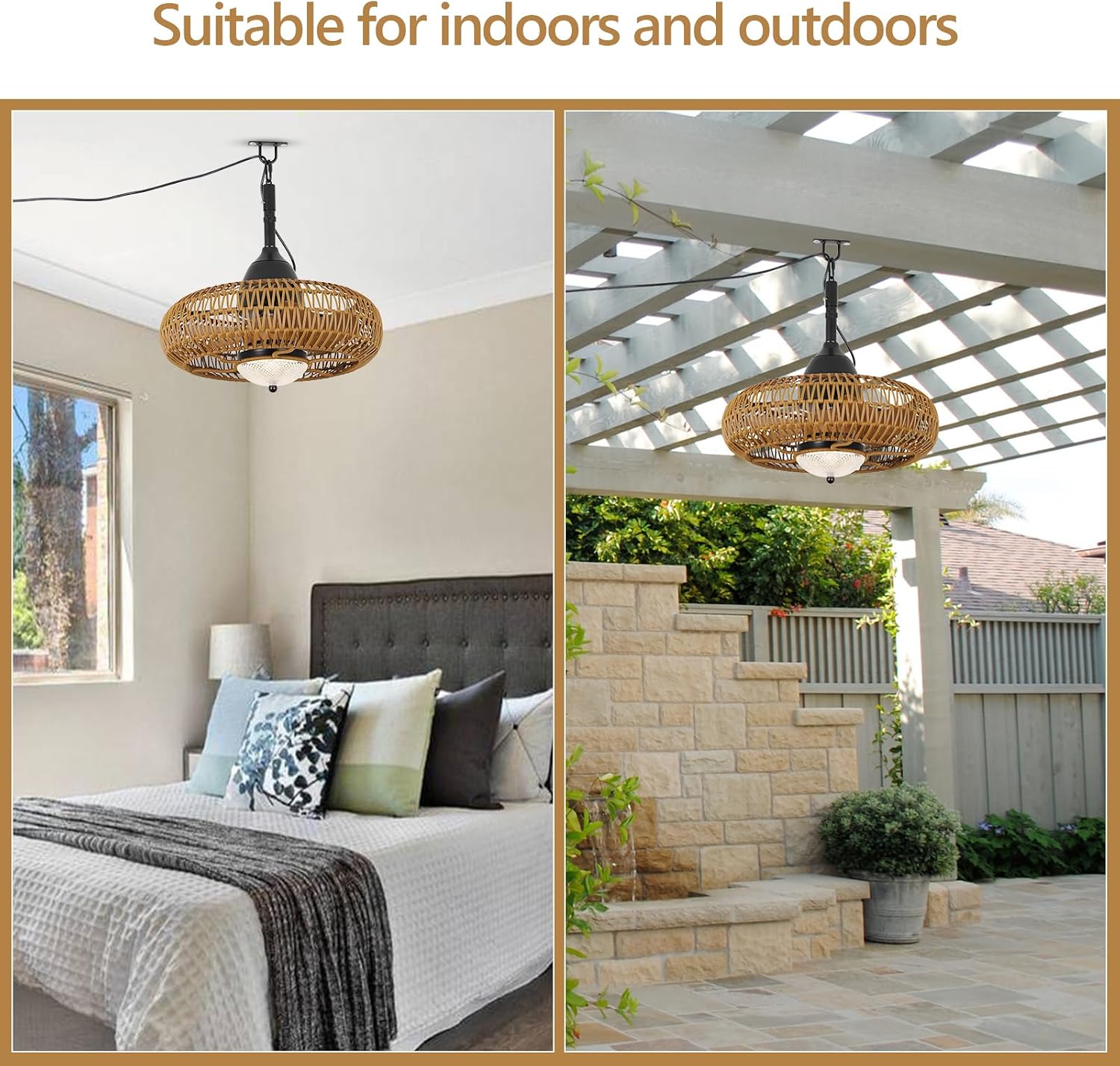 Waterproof Outdoor Ceiling Fan with Lights Remote Control, Wet Rated Gazebo Fan with 3 Color Temperatures&Dimmable LED Light, Boho Rattan Plug in Ceiling Fan for Indoor Bedroom/Outdoor Patios