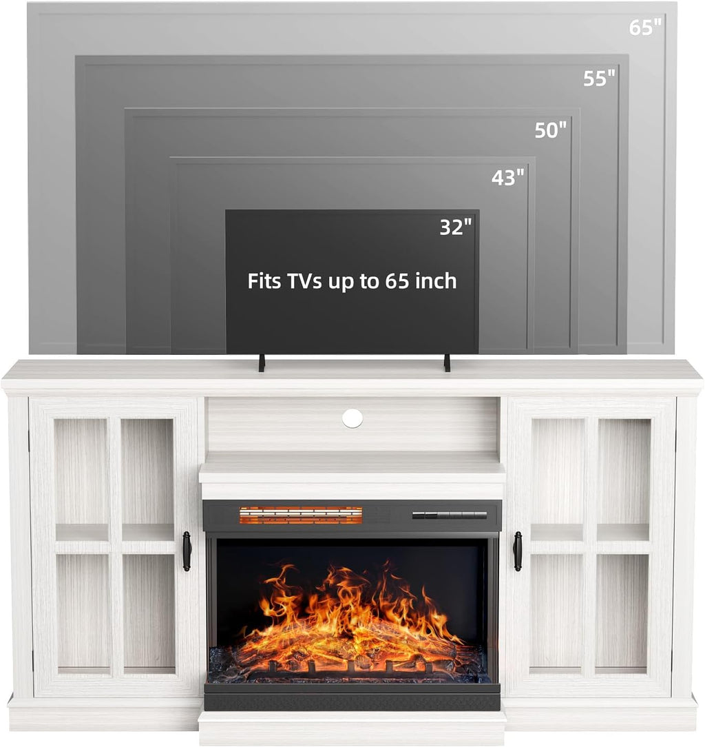 YESHOMY Glass Fireplace TV Stand for TVs up to 65 Inch, Media Entertainment Center with Storage, White Wash
