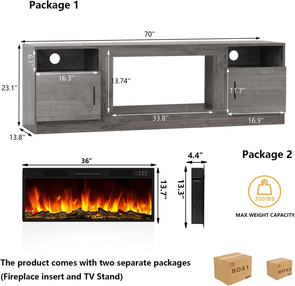 Tavata Fireplace TV Stand Entertainment Center with 36' Fireplace, 70' Wooden TV Console for TVs Up to 80', Modern TV Stands for Living Room with High Gloss Storage Cabinet and LED Lights (Grey)