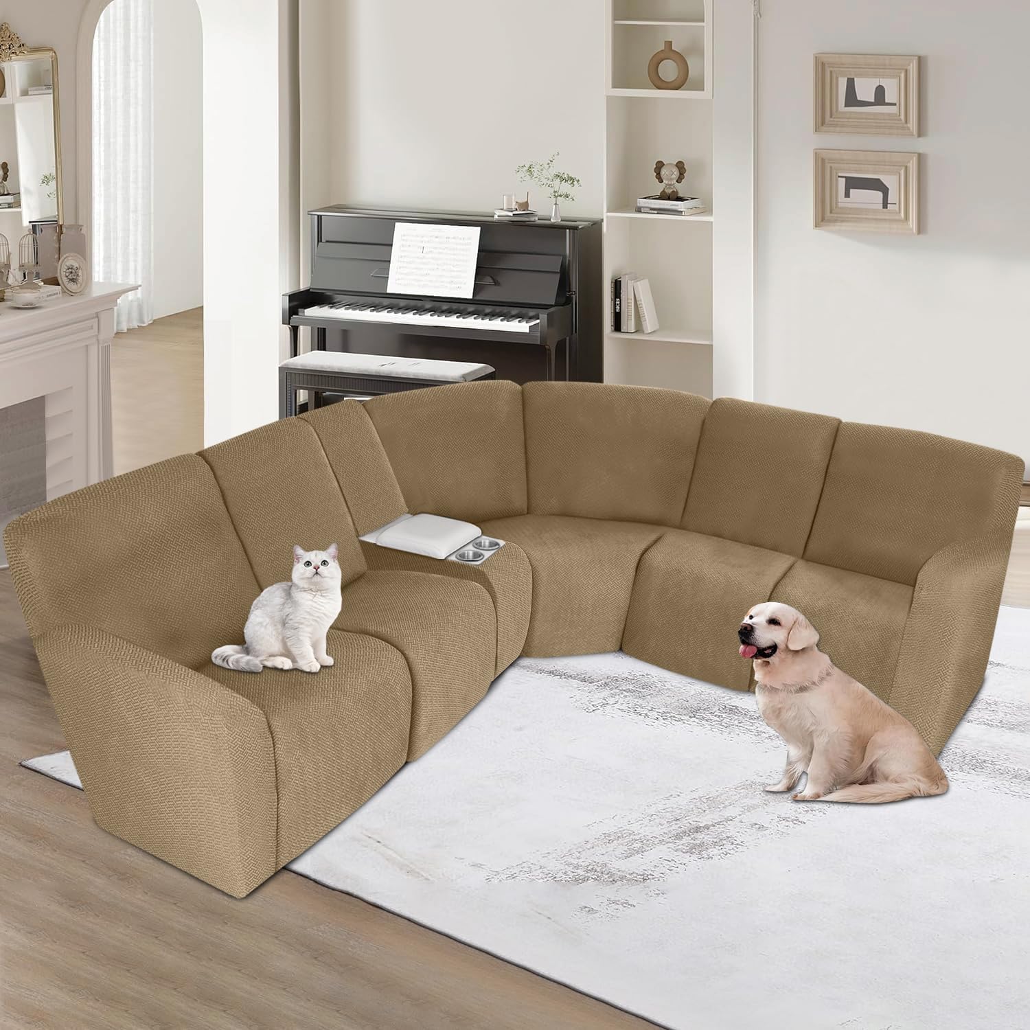 ALIECOM 100% Waterproof Recliner Sectional Couch Covers L Shape Stretch Corner Reclining Sectional Sofa Cover Washable Recliner Slipcover Protector for Dog Pet (5 Seat and 1 Console, Camel)