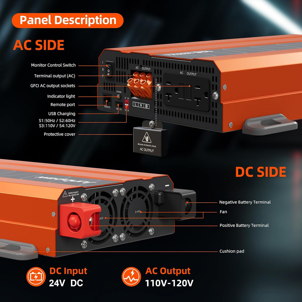 2080W Pure Sine Wave Inverter 24V to 110V Ultra Quiet, Game-Changing Design | 24V to 120 Converter for Home, RV, Camping, Off-Grid & Outdoor Adventures丨DC to AC (LGE-24-2080TI)