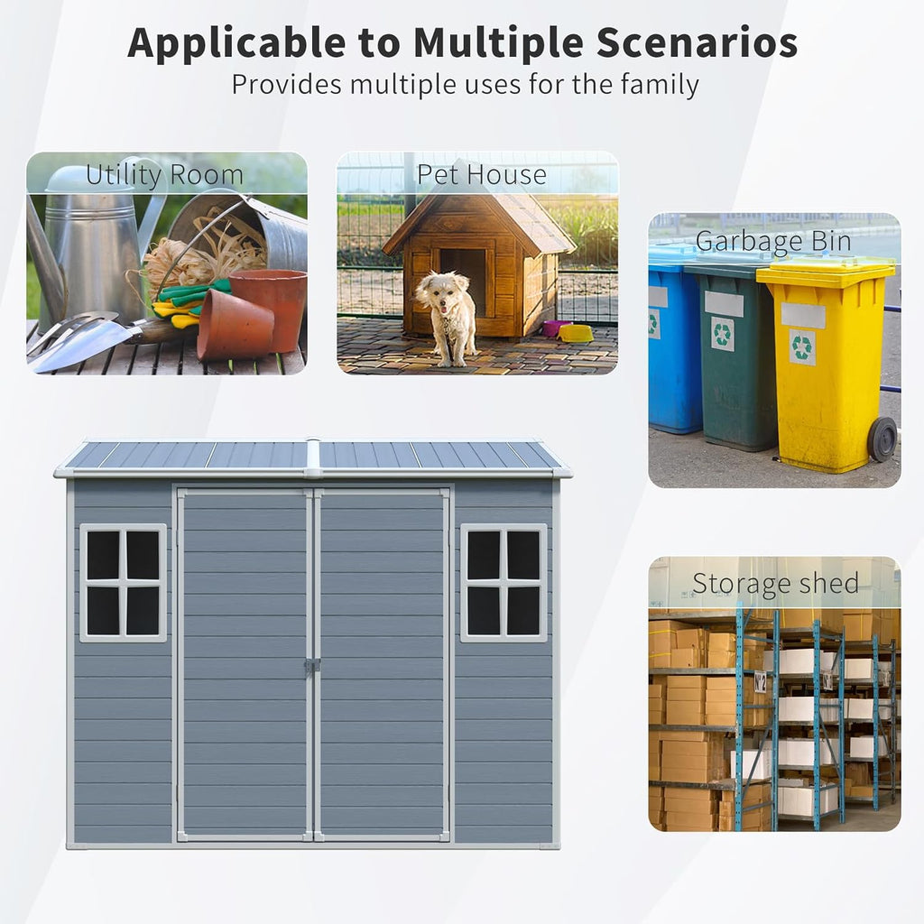 Storage Shed, 4x8ft Outdoor Storage Shed with Floor Included with 2 Windows and Lockable Door, Resin Sheds for House Garden Tools, Bike, Motorcycle, Lawn Mover, Arched Roof, Grey