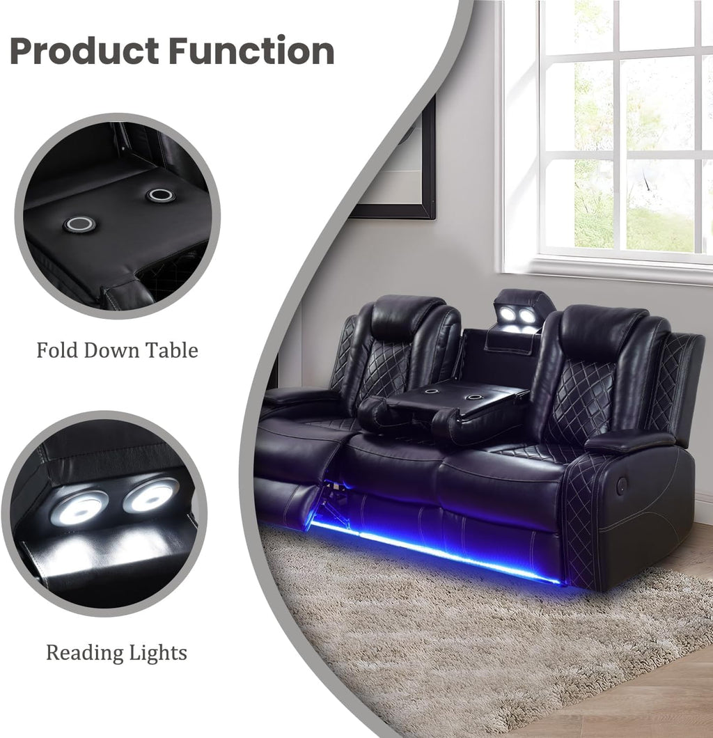 Power Recliner Set with LED Lights, Air Leather Reclining Set with USB Port/Wireless Charger/Storage Console/Cup Holder for House/HomeTheater/Apt (Black, Sofa+2Chairs)