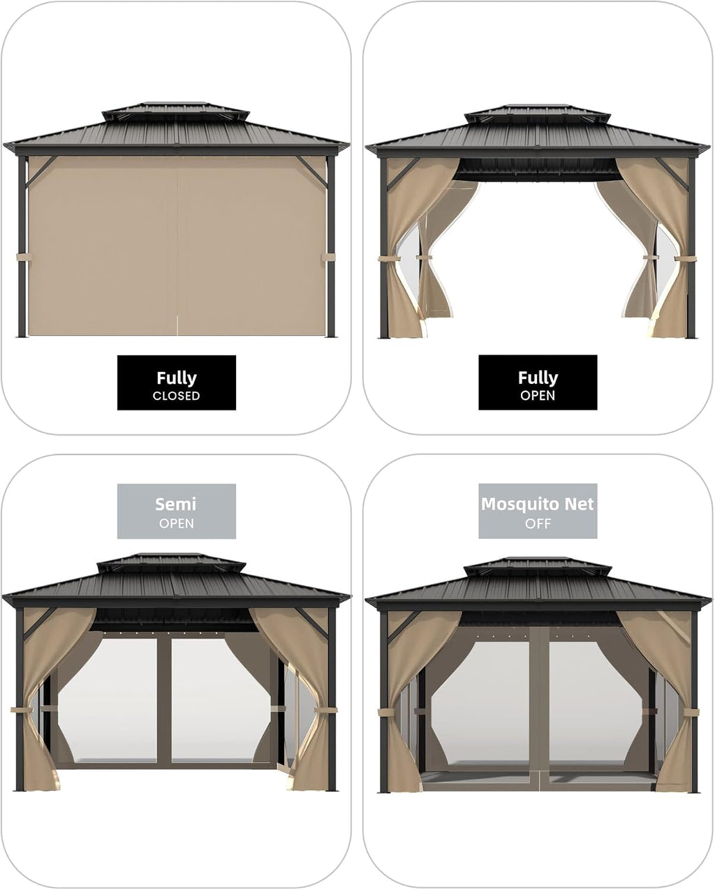 GarveeLife Hardtop Gazebo 10 ft x14 ft for All Weather, with Double Metal Roof, Aluminum Alloy Frame, Net, and Curtain, Permanent Building for Patio, Deck, Backyard, Lawn, and Garden