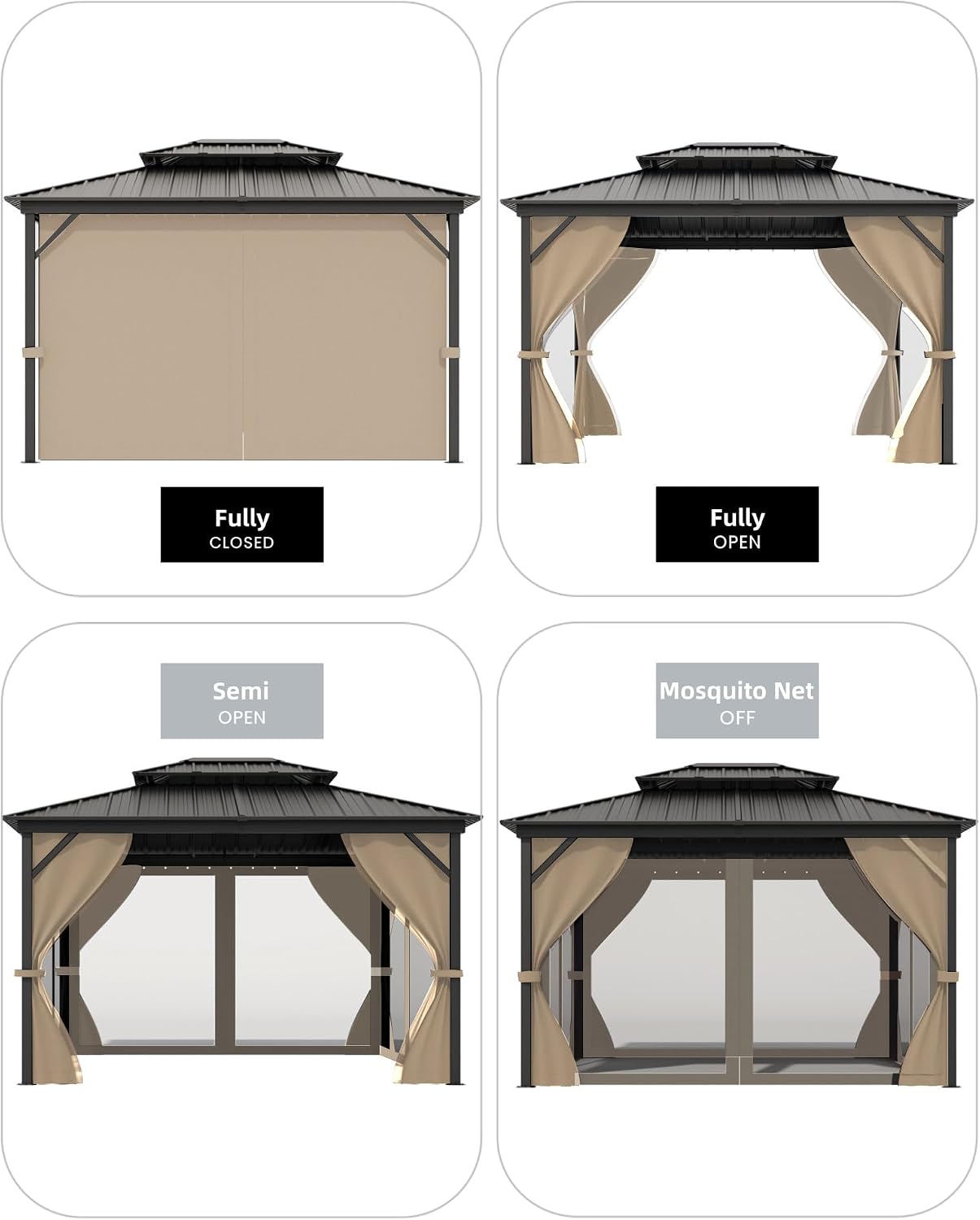 GarveeLife Hardtop Gazebo 10 ft x14 ft for All Weather, with Double Metal Roof, Aluminum Alloy Frame, Net, and Curtain, Permanent Building for Patio, Deck, Backyard, Lawn, and Garden