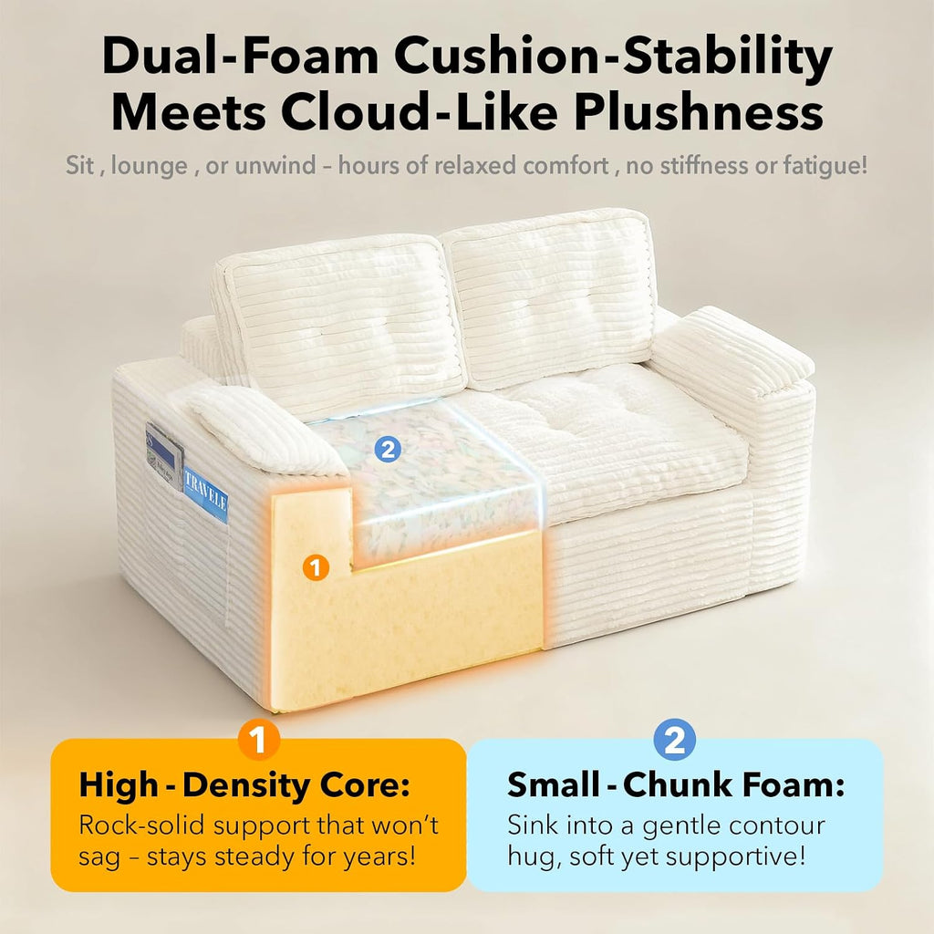 Boneless Loveseat, 2 Seater Deep Seat Loveseat Sofa with Wide‑Wale Corduroy for Small Spaces & Living Room, 60' Width, No Assembly, Washable Cover, Beige