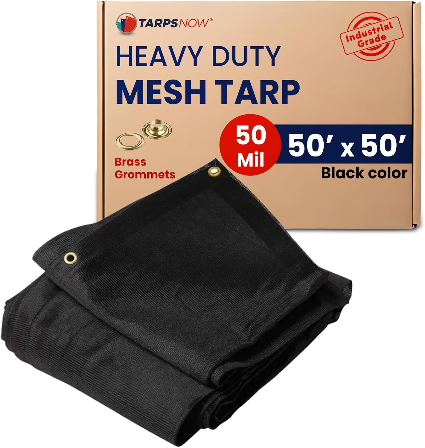 Tarps Now 50' x 50' Heavy Duty Mesh Tarp with 75% Shade and Brass Grommets - Multipurpose Protective Cover Tarpaulin with Air Flow for Tie Downs, Shade, Fences, Canopies, Dump Trucks - Black