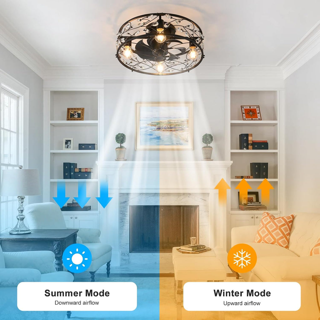 Garwarm 20in Caged Ceiling Fan with Light,Rustic Industrial Ceiling Fans with Lights and Remote,Bladeless Black Fandelier Ceiling Fan,Flush Mount Fan Lights for Kitchen,Bedroom（6 Speed,Timing）