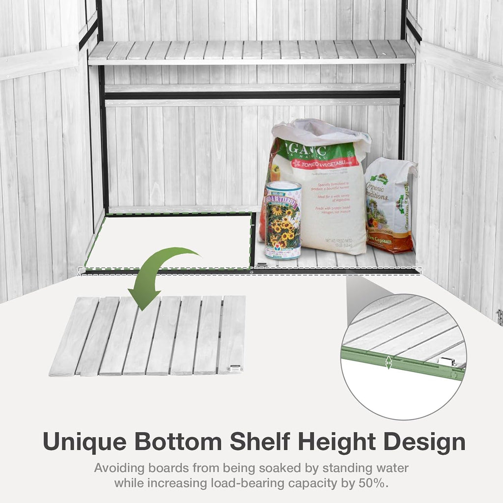 Outdoor Storage Shed with Floor - Waterproof Natural Fir Cabinet with Adjustable Shelves and Double Lock for Anti-Theft - Suitable for Storing Garden Tools and Household Debris (Off-White)