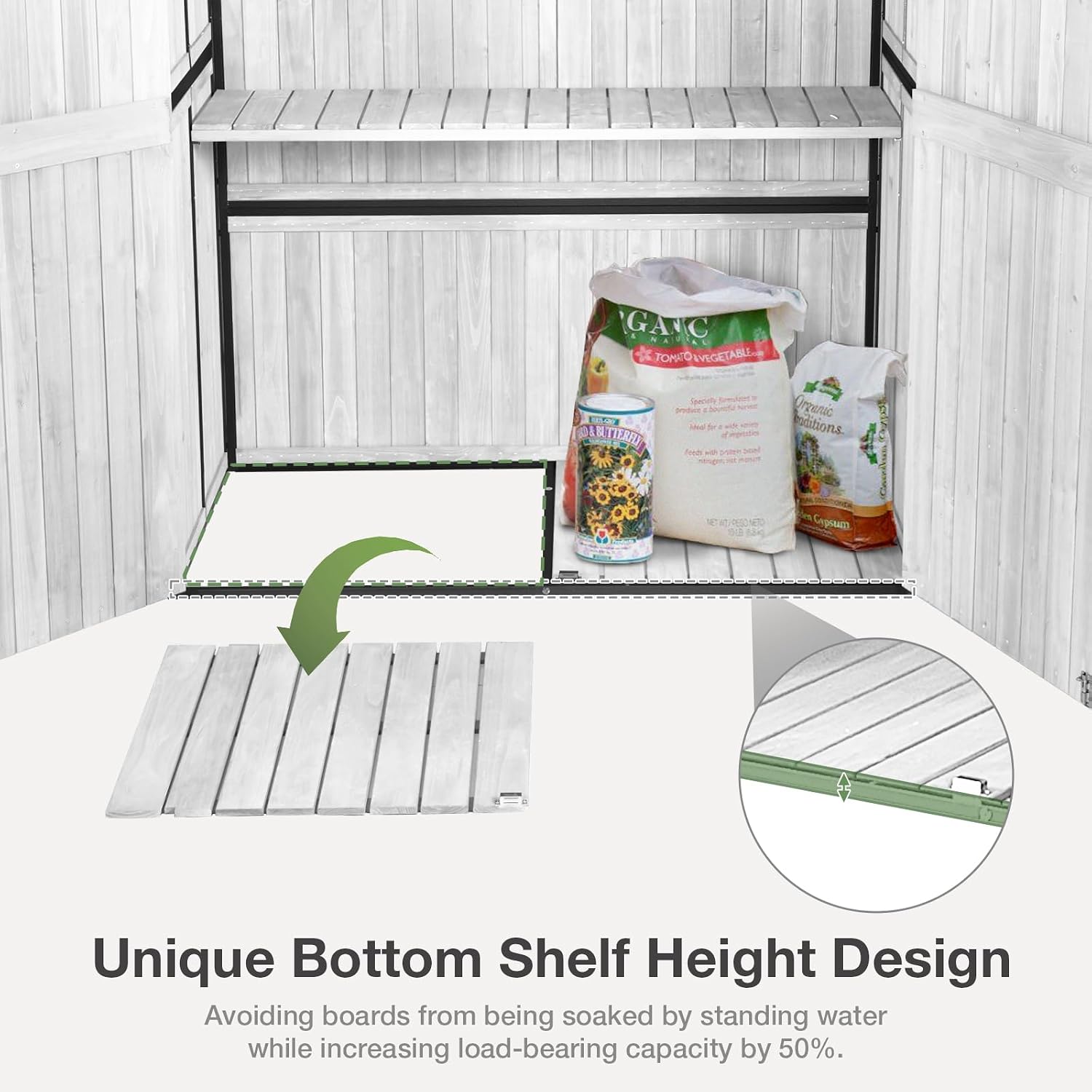 Outdoor Storage Shed with Floor - Waterproof Natural Fir Cabinet with Adjustable Shelves and Double Lock for Anti-Theft - Suitable for Storing Garden Tools and Household Debris (Off-White)