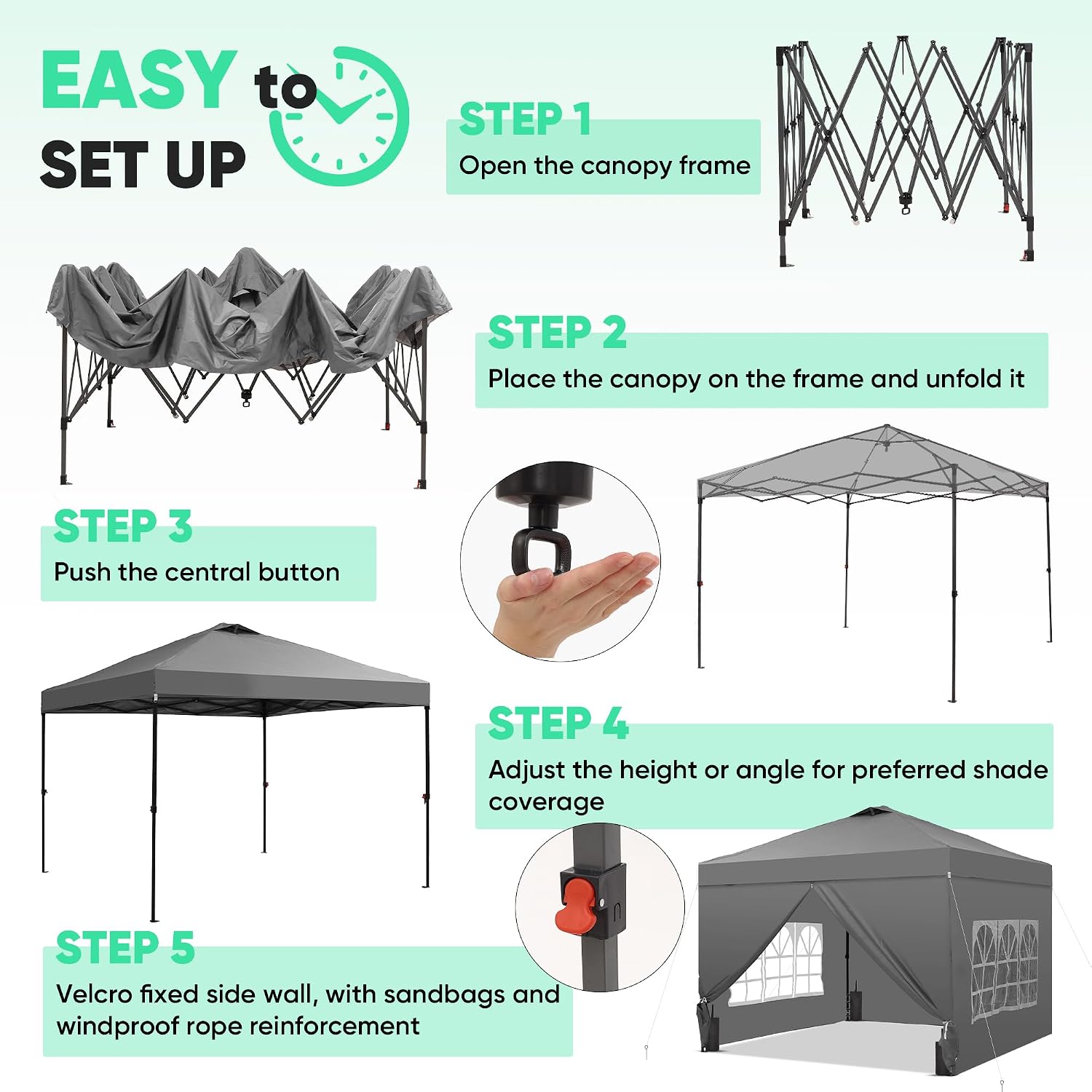 10x10 Pop Up Canopy Tent with One Push Setup, Portable Sun Shade Tent, Instant Easy Up Canopy with 4-Sidewalls & Wheeled Bag, Outdoor Fldable Gazebo with Vent Top, Grey.