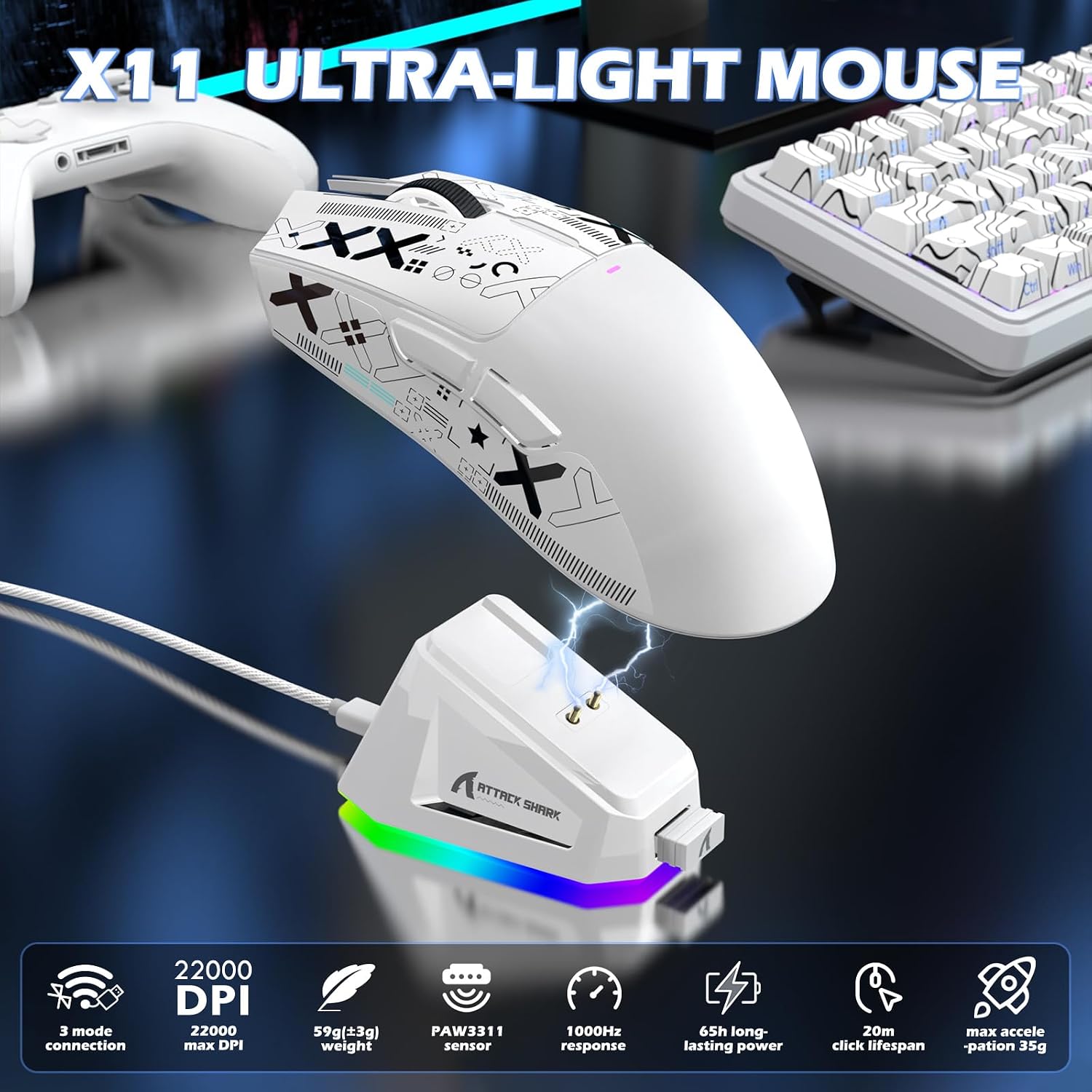 ATTACK SHARK X11 & X65 PRO HE Rapid Trigger Hall Effect Keyboard,60% Magnetic Keyboard 8K Polling Rate RGB Hot Swap,Wireless Gaming Mice with Charging Dock 22K DPI,BT/2.4Ghz/Wired,Coiled Cable-White