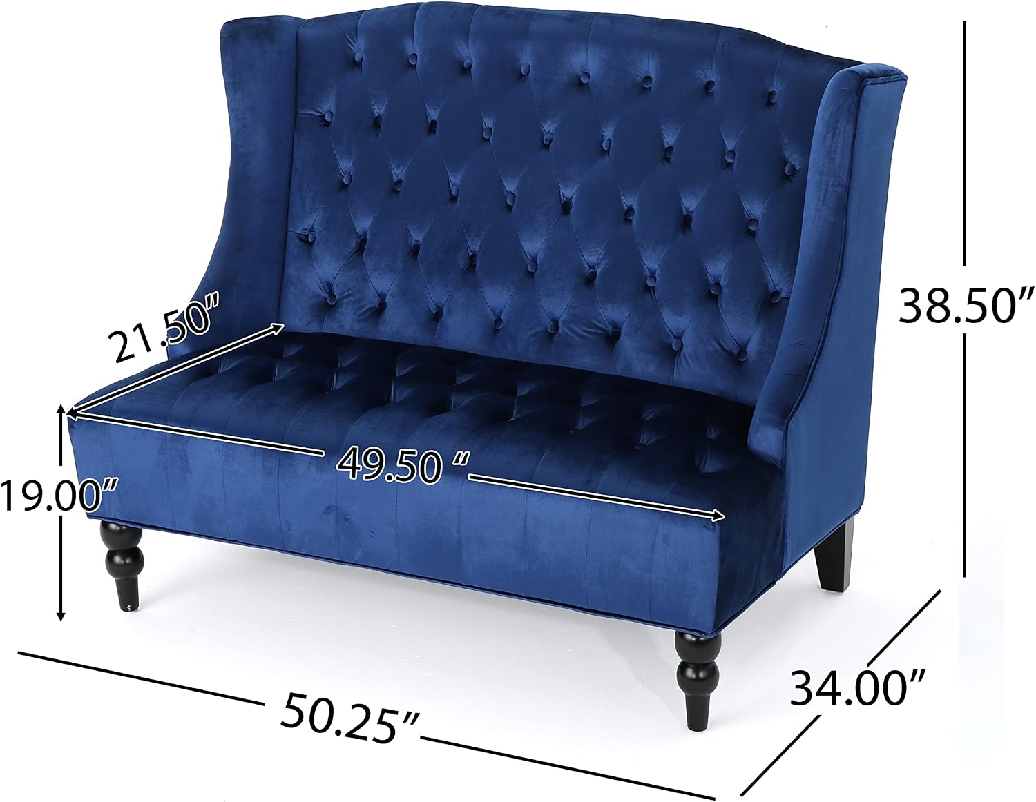 Modern Tufted Velvet Wingback Loveseat, Tufted Velvet 2 Seat Couch Sofas with High Back Thick Padded Cushioned Seats for Living Room, Victorian Style, Navy Blue