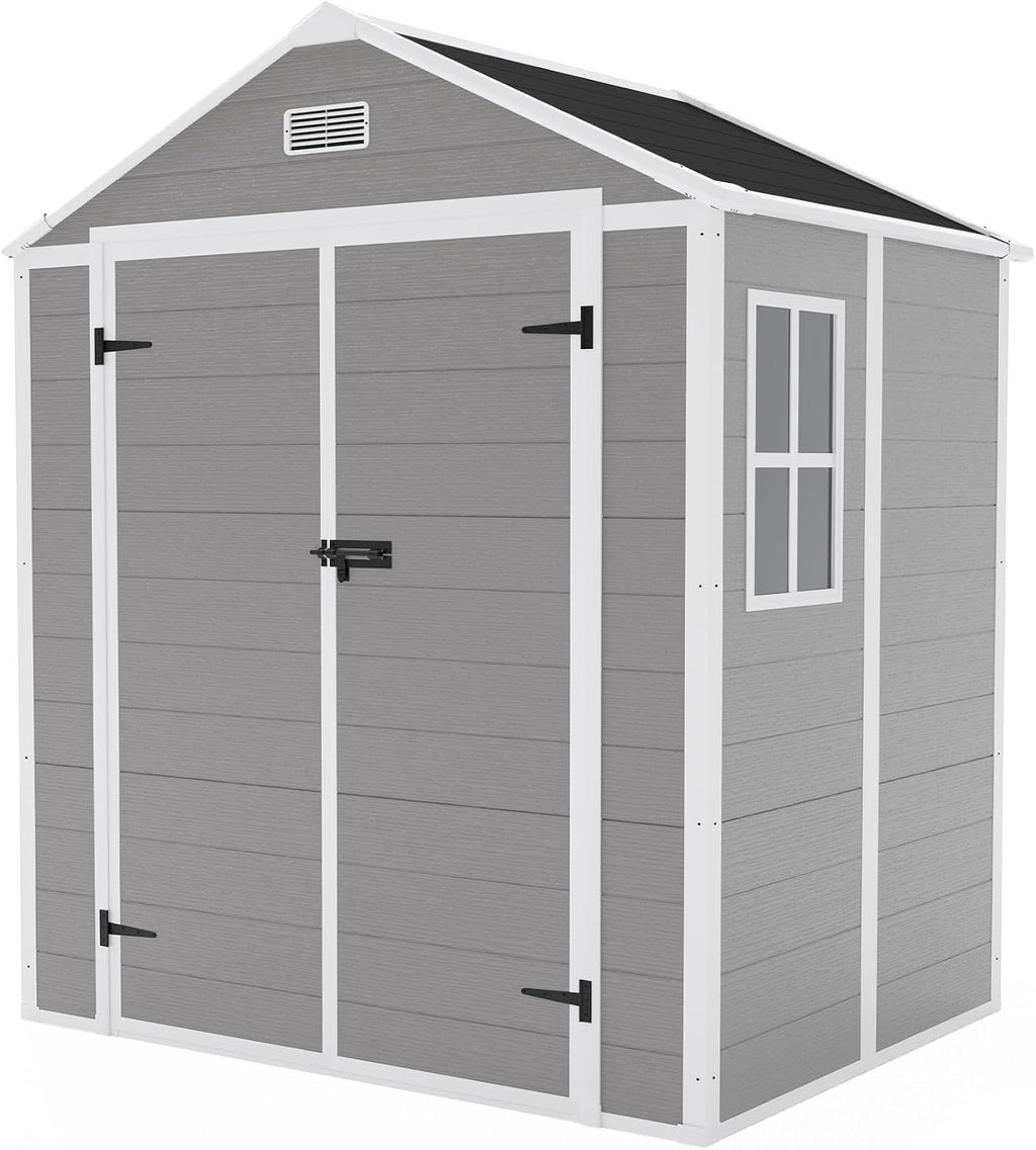 YOPTO 6x5 FT Resin Storage Shed,Garden House with Floor & Lockable Door,Waterproof Plastic Tool Sheds W/Slanting Roof Visual Window & Air Vents for Bicycles,Lawnmowers,Lawn,All Weather Use,Gray
