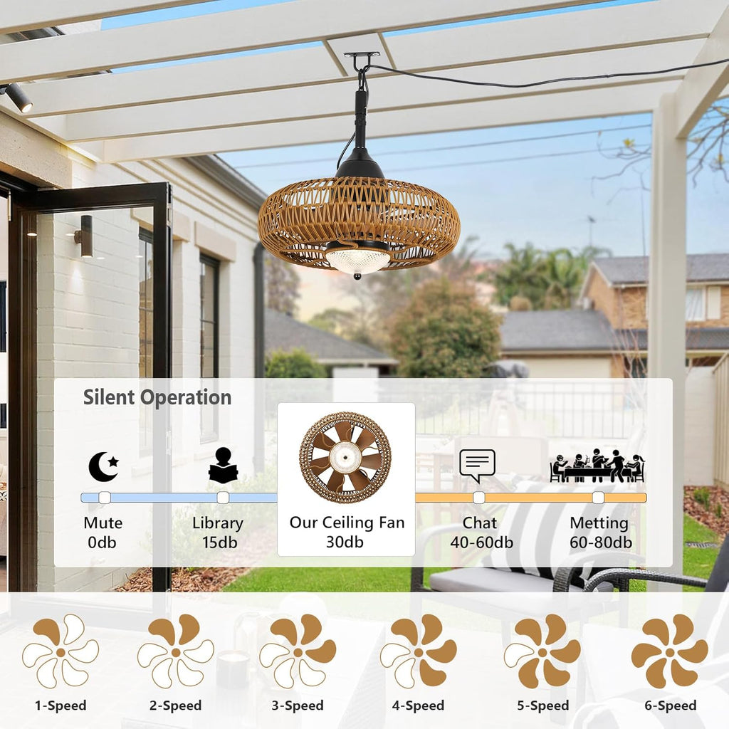Waterproof Outdoor Ceiling Fan with Lights Remote Control, Wet Rated Gazebo Fan with 3 Color Temperatures&Dimmable LED Light, Boho Rattan Plug in Ceiling Fan for Indoor Bedroom/Outdoor Patios