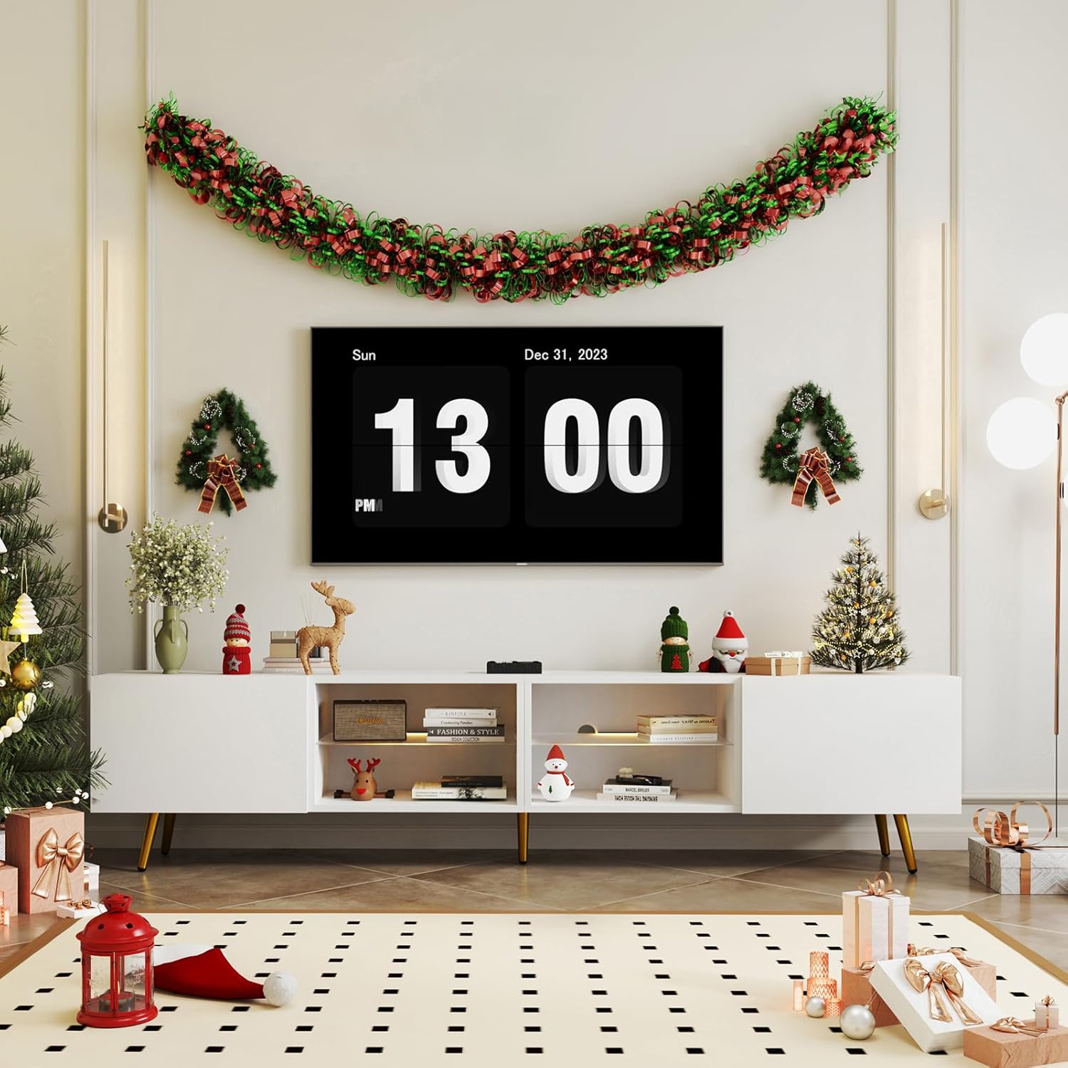 Bonzy Home 86' LED TV Stand, Modern Entertainment Center up to 75' 80' 85' TV, Television Console Table with Storage Cabinets for Living Room, White