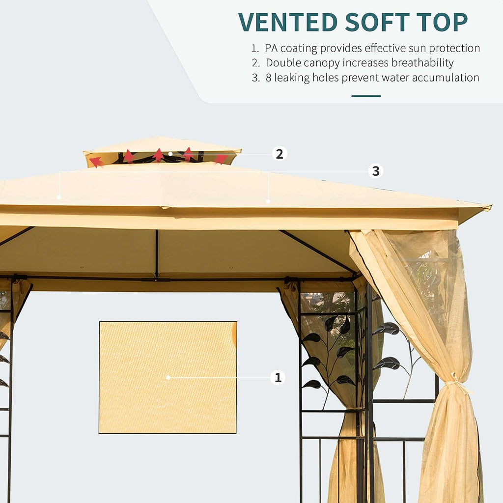 Outsunny 10' x 10' Metal Patio Gazebo, Double Roof Outdoor Gazebo Canopy Shelter with Tree Motifs Corner Frame and Netting, for Garden, Lawn, Backyard, and Deck, Beige