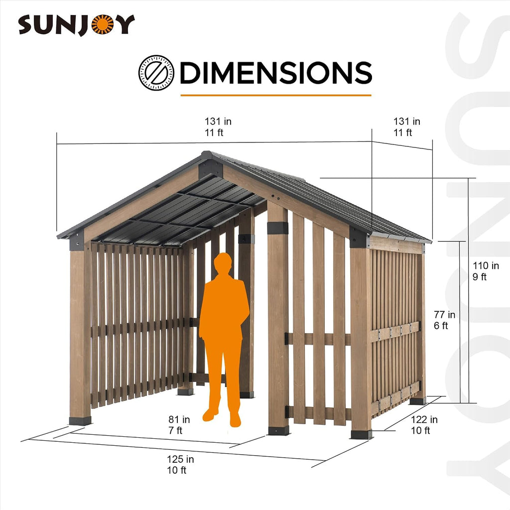 SUNJOY 11x11ft. Cedar Wood Gazebo with Six 5.5x5.5 in. Heavy Posts, Permanent Hard Top Pavilion with Wooden Privacy Screen for Backyard Hot Tub, Ceiling Hook - Outdoor Patio, Matte Black