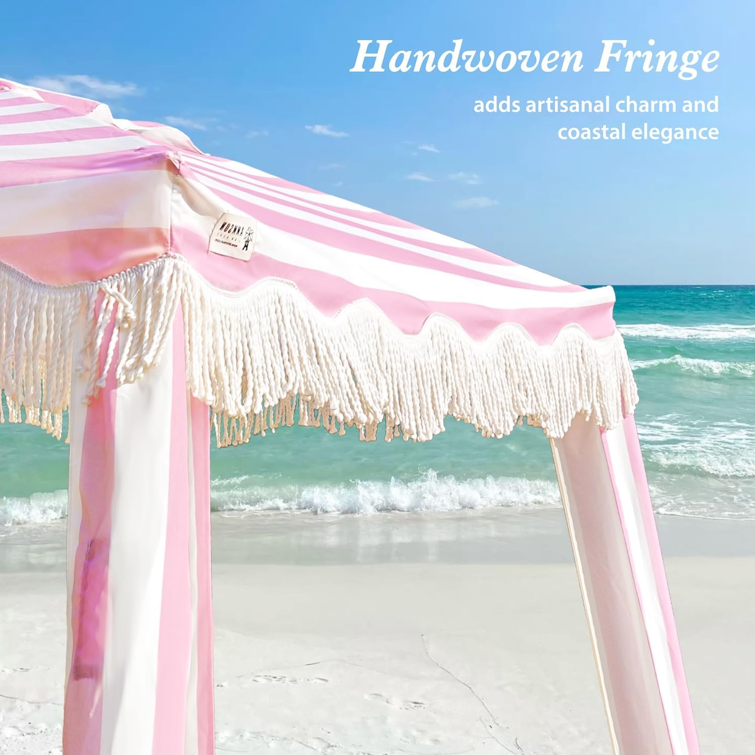 AMMSUN Beach Cabana with Fringe, 7' x 7' Boho Beach Canopy with Tassels, Easy Set up & Premium Wood Pole, Cabana Tent with Sand Pockets, Instant Sun Shade for Sand, Garden, Patio, Rose Stripes