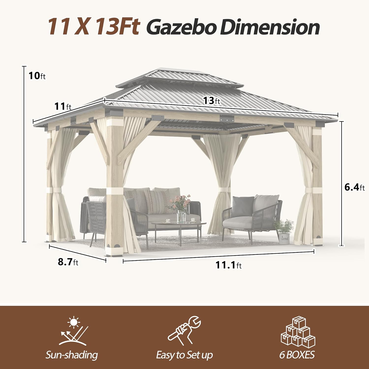 11'x13' Wood Gazebo,Outdoor Hardtop Gazebo with Galvanized Steel Doule Roof, Wooden Frame Gazebo with Netting and Curtains for Patio Backyard Deck