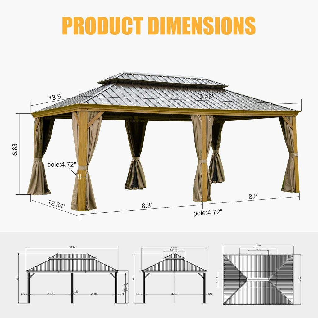 GOWE 14x20FT Hardtop Gazebo, Permanent Metal Gazebo with Galvanized Steel Double Roof and Aluminum Frame, Curtain and Netting, Large Pavilion Gazebo, Wood Looking