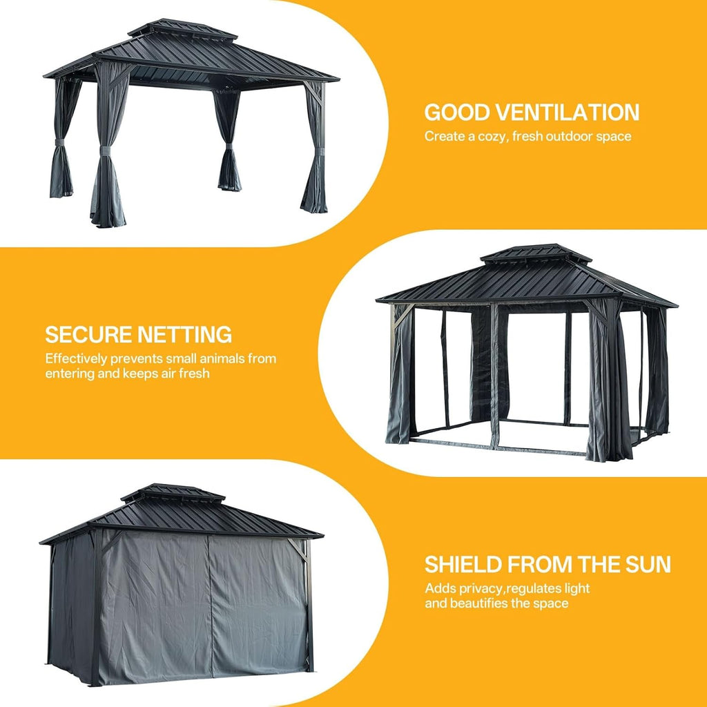 10x12 Hardtop Gazebo Outdoor Metal Gazebo with Double Roof & Netting Curtains - Heavy Duty Steel Pavilion for Patios, Waterproof & Snow Load Resistant