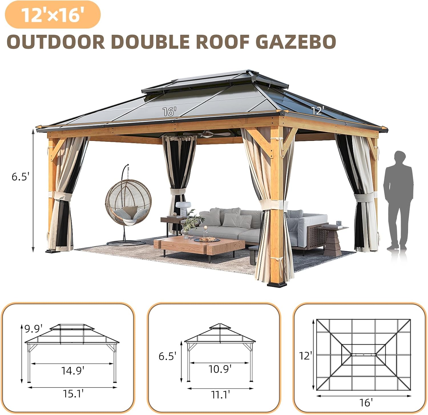 YOLENY 12'x16' Hardtop Gazebo Wood Outdoor Polycarbonate Double Roof, Netting and Curtains, Patio Gazebos for Decks, Backyards, Lawns and Gardens