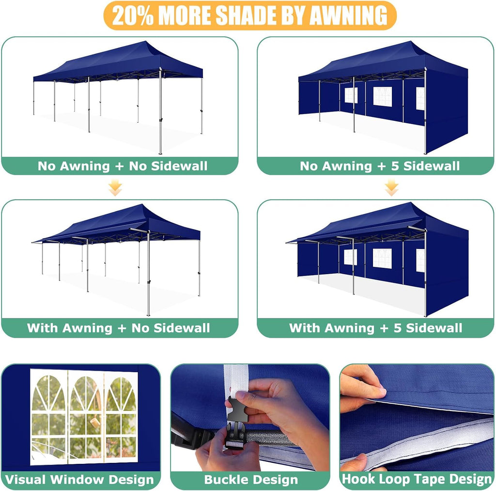 COBIZI 10x30 Pop Up Canopy Tent with Awning,Heavy Duty Canopy UPF 50+ All Season Wind Waterproof Commercial Outdoor Street Vendors Party Tents for Parties Canopy with Roller Bag(10 x 30 ft Dark Blue)