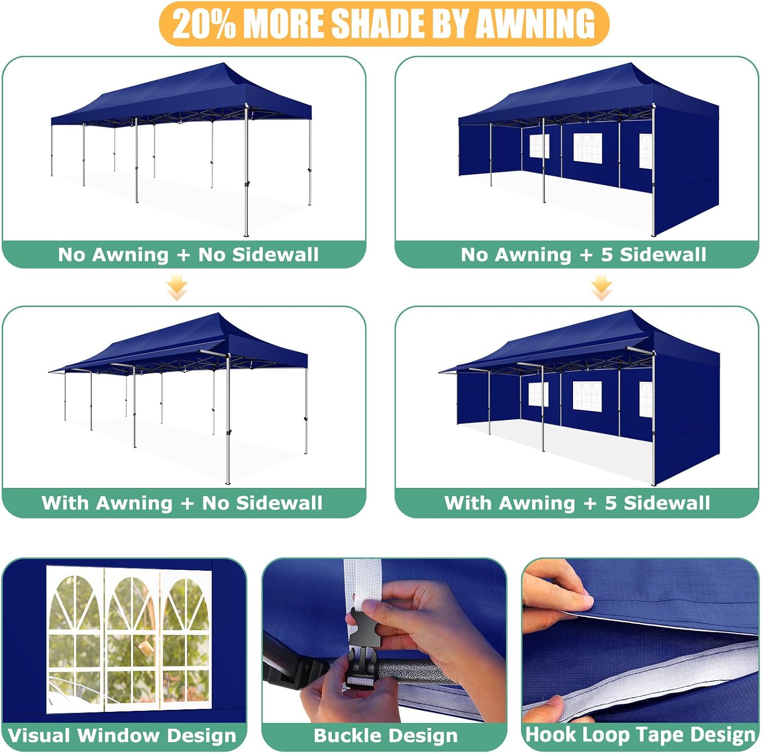 COBIZI 10x30 Pop Up Canopy Tent with Awning,Heavy Duty Canopy UPF 50+ All Season Wind Waterproof Commercial Outdoor Street Vendors Party Tents for Parties Canopy with Roller Bag(10 x 30 ft Dark Blue)