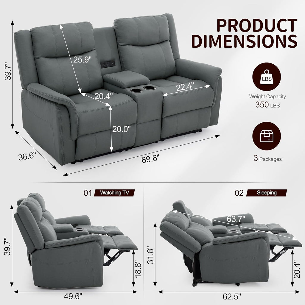 Korser Loveseat Recliner Sofa, Reclining Loveseat Couch, Reclining Couch with Console, USB Port, US Outlets, and Cup Holders, 2-Seater Sofa for Living Room