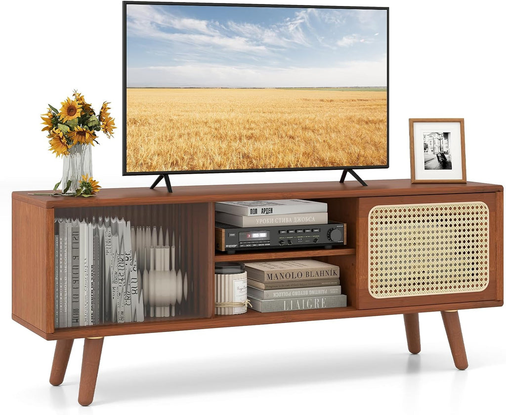 Tangkula Mid Century Modern TV Stand for TVs up to 55', Bamboo Entertainment Center w/PE Rattan & Tempered Glass Sliding Doors, Adjustable Shelf, Media Console for Living Room, Walnut
