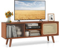 Tangkula Mid Century Modern TV Stand for TVs up to 55', Bamboo Entertainment Center w/PE Rattan & Tempered Glass Sliding Doors, Adjustable Shelf, Media Console for Living Room, Walnut