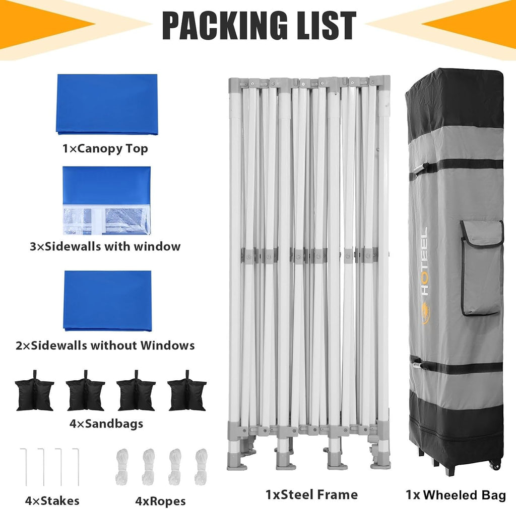 HOTEEL 10x30 Heavy Duty Pop Up Canopy Tent with 5 Sidewalls&Wheeled Bag, Commercial Event Party Tent Wedding Instant Canopy Waterproof, Upgraded Thicked Hexagonal Legs, UV 50+, Blue