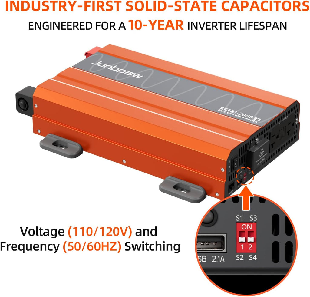 2080w Pure Sine Wave Inverter 12V to 110V Ultra Quiet, Game-Changing Design | 12V to 110 Converter for Home, RV, Camping, Off-Grid & Outdoor Adventures丨DC to AC (LGE-12V-2080Ti)