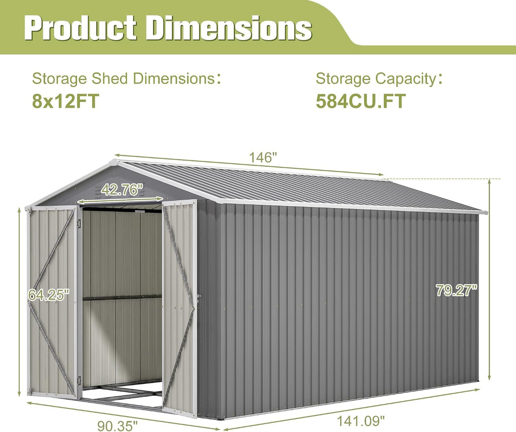 8x12 Ft Large Metal Outdoor Storage Shed with Floor Frame & Lock, Durable Waterproof & Windproof Tool Shed for Garden, Backyard, Patio
