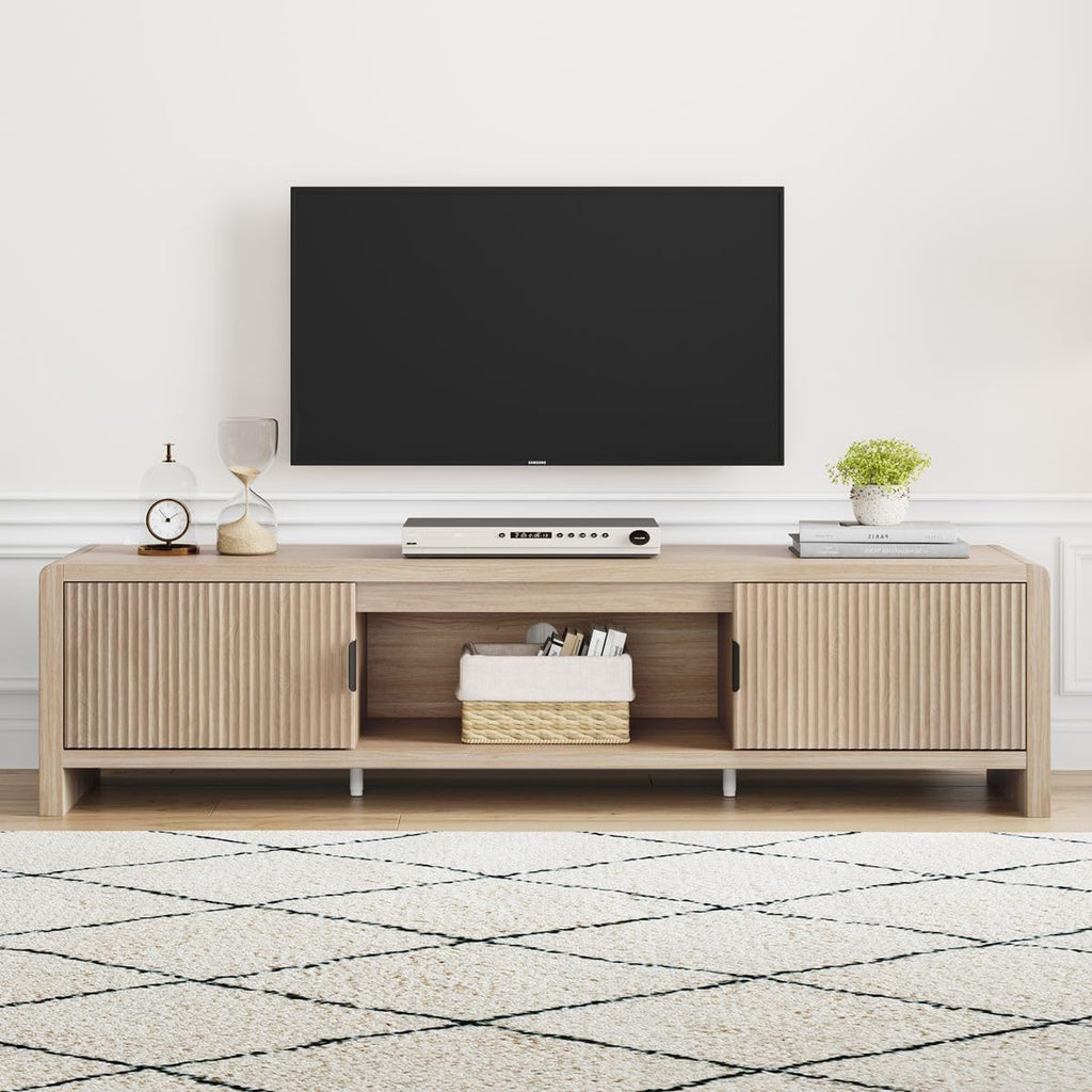 FATORRI TV Stand for TVs up to 75/65/55 Inch, Wood Entertainment Center with Storage, Farmhouse Waveform Fluted-Door Television Media Console for Living Room, Bedroom (63 Inch W, Light Walnut)