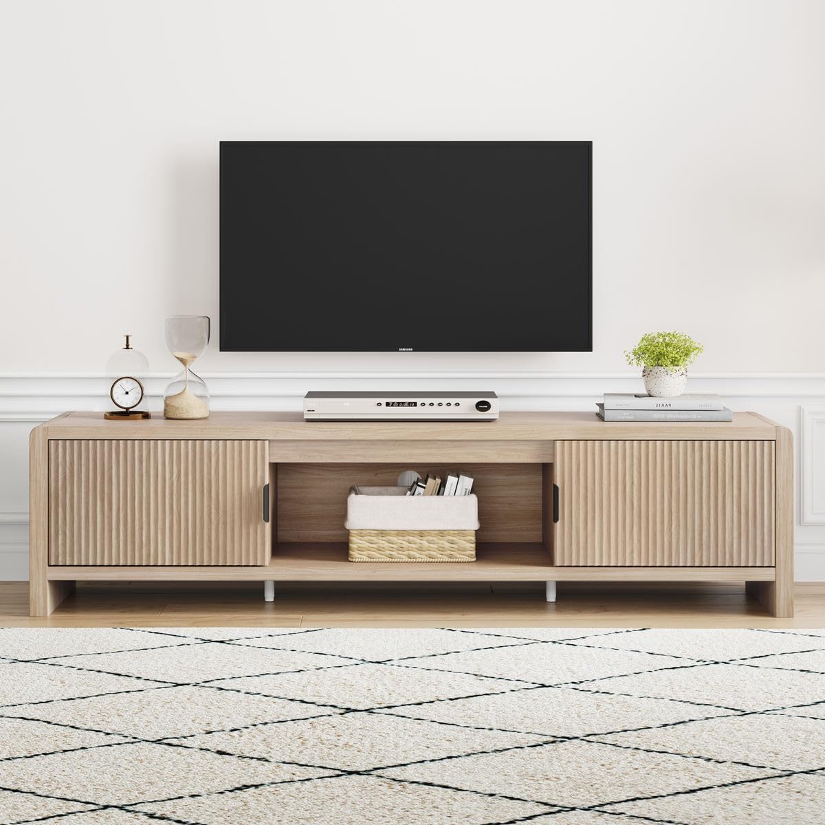 FATORRI TV Stand for TVs up to 75/65/55 Inch, Wood Entertainment Center with Storage, Farmhouse Waveform Fluted-Door Television Media Console for Living Room, Bedroom (63 Inch W, Light Walnut)