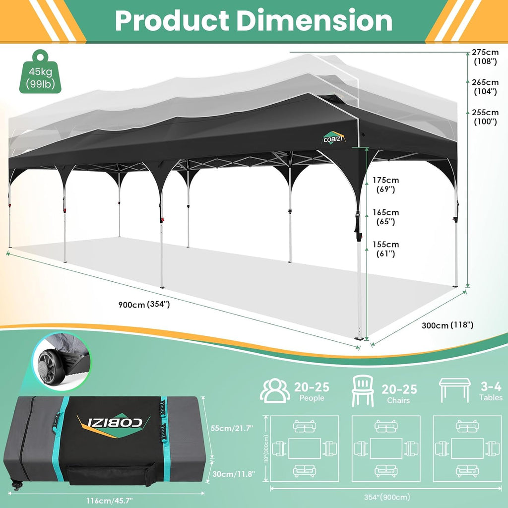 COBIZI 10x30 Pop Up Canopy Tent, Outdoor Party Tent with 5 Sidewalls, 1 Person Easy Set up, Tents for Parties with Fluorescent Strip & 4 Sandbags, Waterproof UPF50+, 3 Adjustable Height, Black