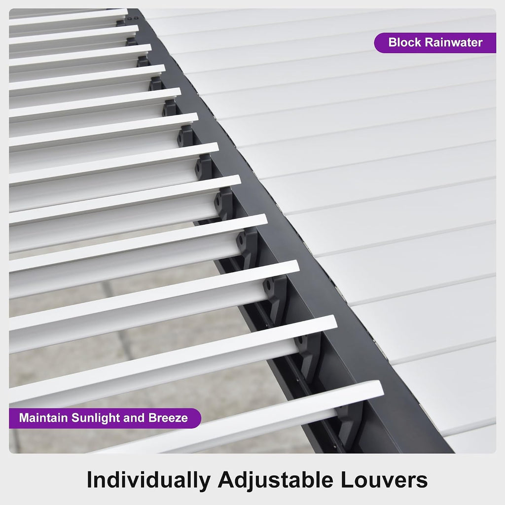 PURPLE LEAF Louvered Pergola 10' x 14' Patio Aluminum Pergola with White Adjustable Rainproof Roof Grey Frame Hardtop Gazebo for Outside Deck Backyard