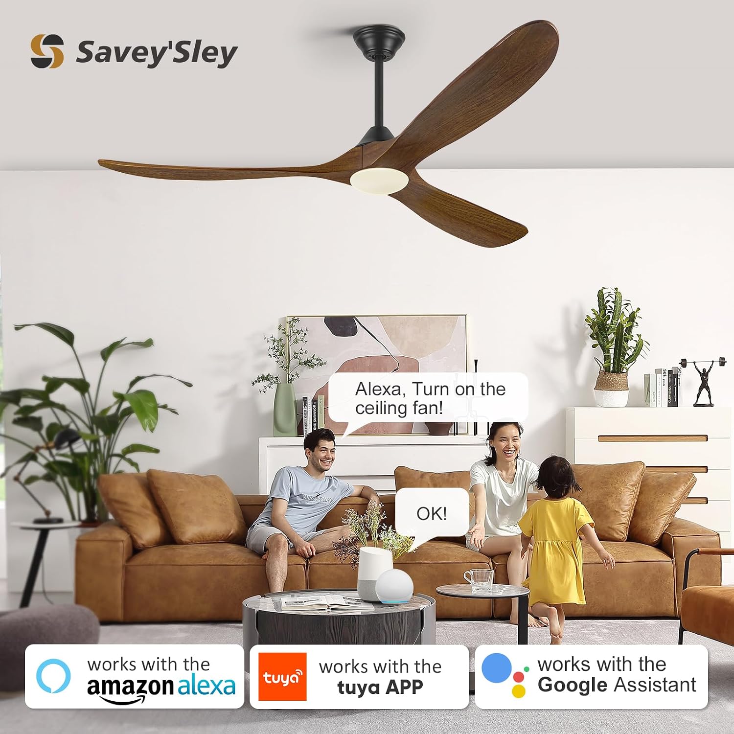 60'' Modern Wood Ceiling Fans with Light Remote, 3 Blades Smart Ceiling Fan Alexa/APP Control, Outdoor Indoor Reversible Quiet DC Fan Dimmable for Patios Living room, Brown Propeller Farmhouse