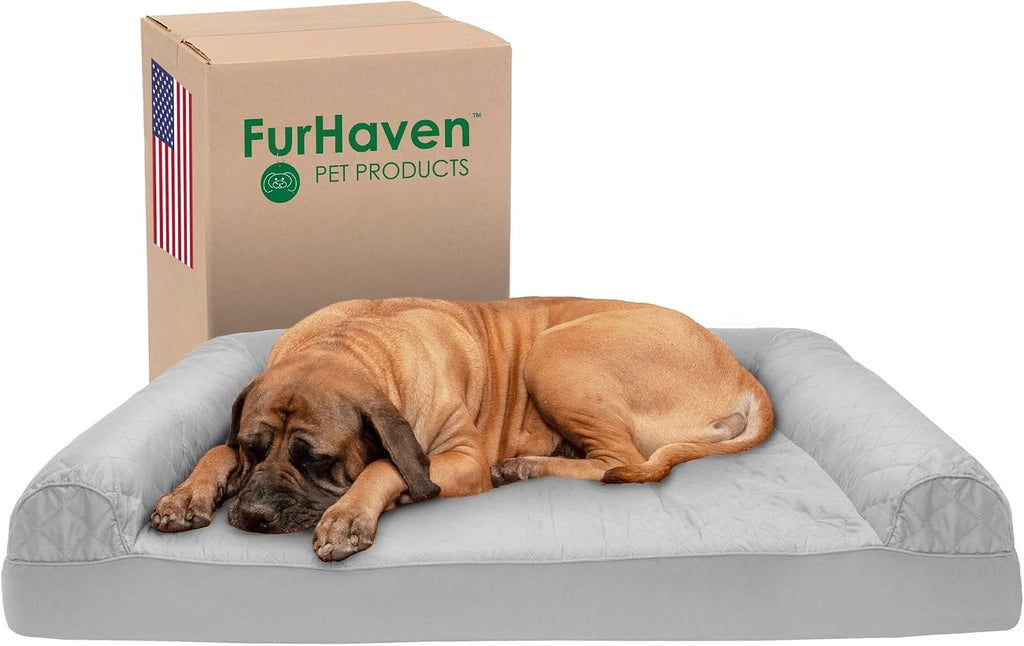 Furhaven Cooling Gel Dog Bed for Large Dogs w/ Removable Bolsters & Washable Cover, For Dogs Up to 125 lbs - Quilted Sofa - Silver Gray, Jumbo Plus/XXL
