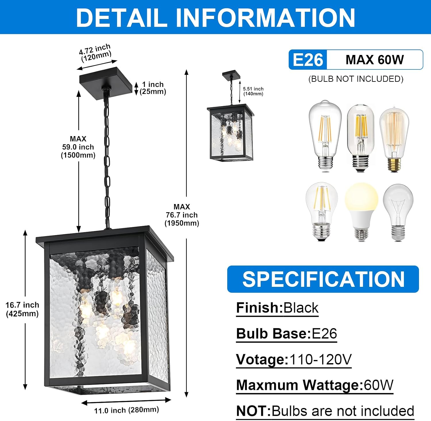 16.7'' Outdoor Pendant Lights for Porch, 4-Lights Black Exterior Pendant Light with Hammer Glass, Outdoor Porch Light Ceiling Mount Outdoor Hanging Light Fixture for Gazebo, Patio, Entryway